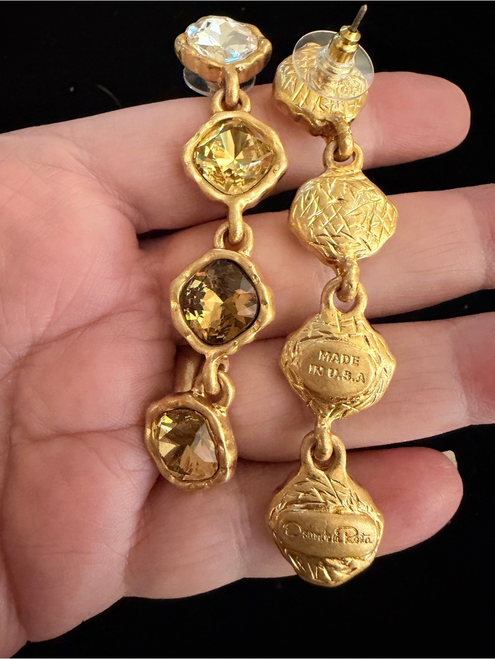 Oscar de la Renta Earrings Gold-Tone TOPAZ COMBO CRYSTAL Dangle Drop ✨POST - Picture 10 of 12